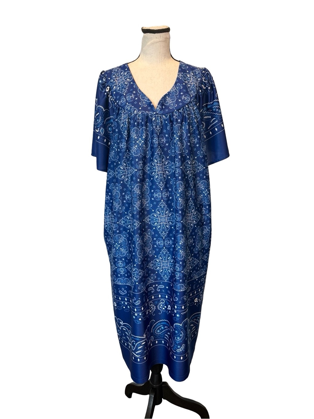 Anthony Richards Blue Paisley Caftan House Dress 2X Boho Lounge Midi Pockets